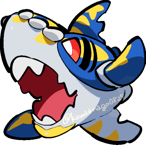 kawaanago, mega sharpedo, sharpedo, nintendo, pokemon, commentary request, lowres, animal focus, chibi, chibi only, full body, gen 3 pokemon, mega pokemon, no humans, open mouth, pokemon (creature), pokemon focus, sharp teeth, solo, teeth, transparent background, twitter username
