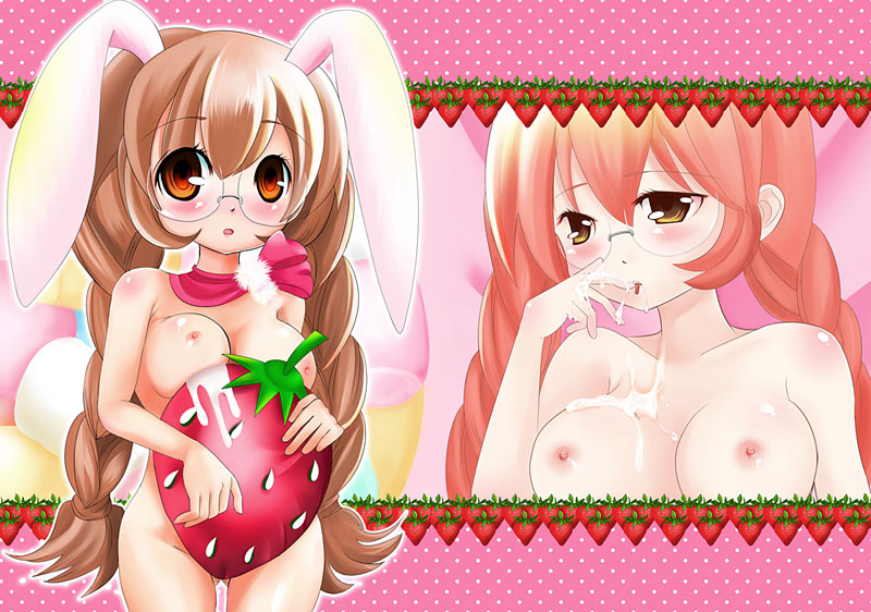 usa mimi, kodomo no jikan, 00s, animal ears, blush, breasts, cum, food, fruit, glasses, loli, oppai loli, pink theme, strawberry, twintails