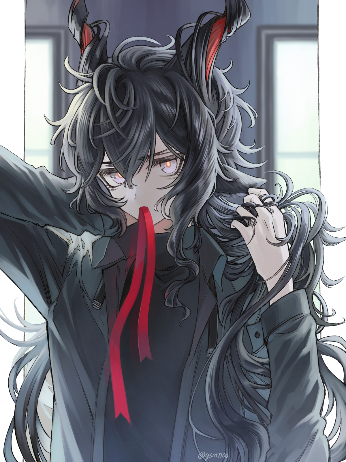 ysm1100, ebenholz (arknights), arknights, highres, 1boy, androgynous, biting, biting clothes, black hair, black jacket, furrowed brow, hair between eyes, horns, jacket, male focus, multicolored eyes, purple eyes, red ribbon, ribbon, turtleneck, tying hair, untied ribbon, yellow pupils