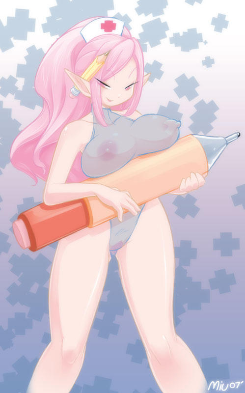 1girl, breasts, female focus, large breasts, long hair, nurse, pink eyes, pink hair, pointy ears, pussy, solo, standing