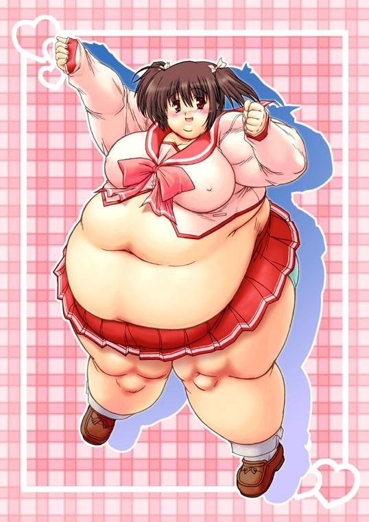 harumi-knd, yuzuhara konomi, to heart (series), to heart 2, 00s, 1girl, belly, bow, breasts, brown eyes, brown hair, covered erect nipples, fat, fat woman, female focus, large breasts, school uniform, serafuku, short twintails, skirt, solo, twintails