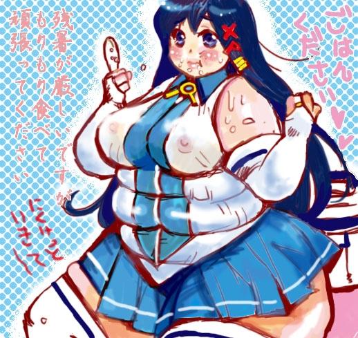 xp-tan, translation request, 1girl, blue eyes, blue hair, blush, breasts, fat, fat woman, female focus, large breasts, long hair, miniskirt, nipples, school uniform, see-through clothes, serafuku, skirt, solo, sweat