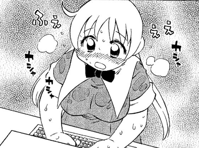 1girl, blush, bow, breasts, female focus, keyboard, long hair, medium breasts, monochrome, open mouth, plump, solo, sweat, takamaru takamaru