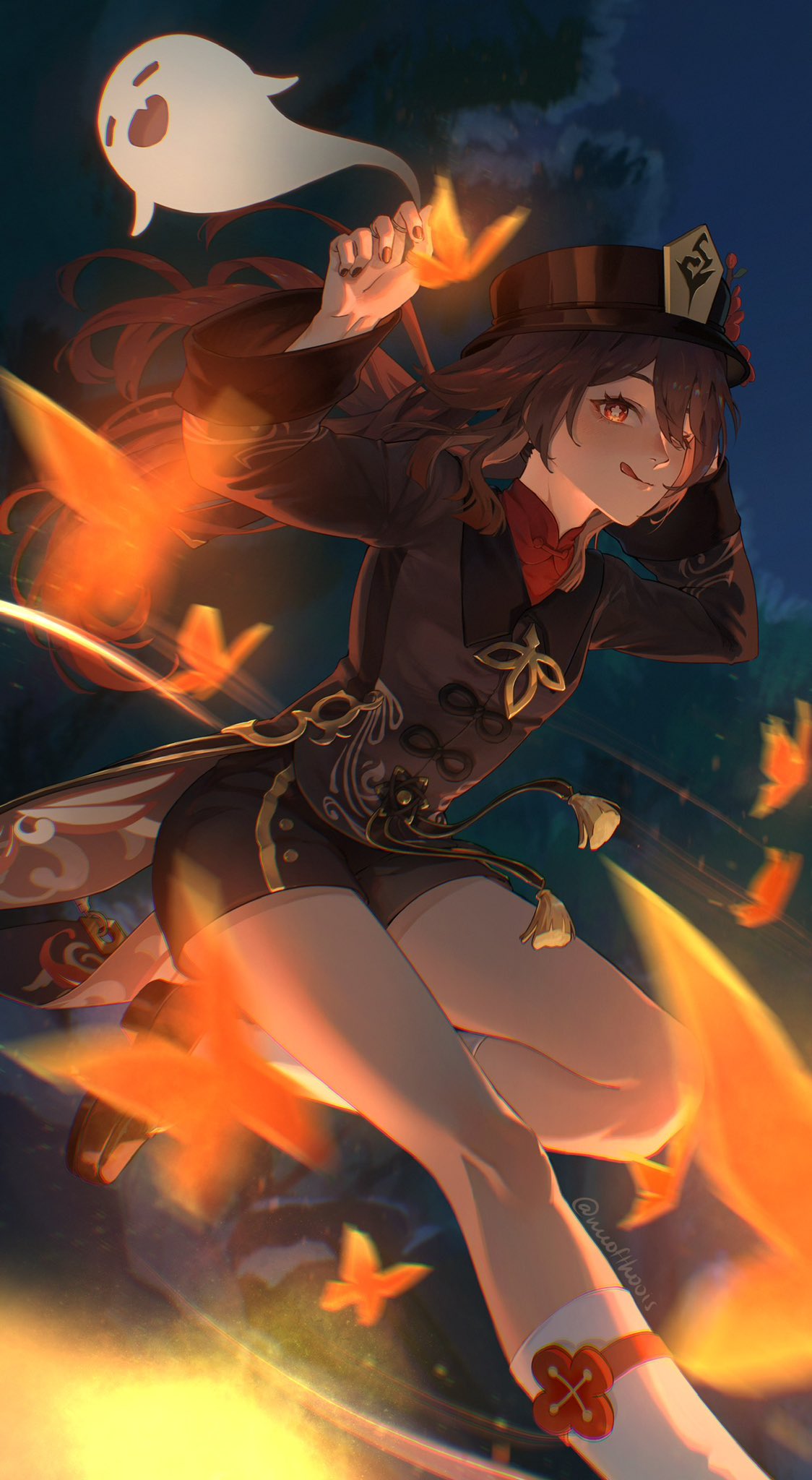 meofthoois, hu tao (genshin impact), genshin impact, hashtag-only commentary, highres, 1girl, :p, black nails, brown hair, eyelashes, feet out of frame, flower-shaped pupils, hair between eyes, hat, jewelry, long hair, looking at viewer, ring, shoes, solo, symbol-shaped pupils, thighs, tongue, tongue out, twitter username