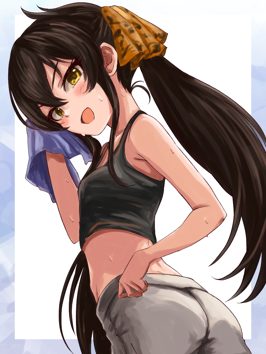 yata goyogyo, matoba risa, idolmaster, idolmaster cinderella girls, highres, 1girl, ass, bare arms, bare shoulders, black hair, blush, breasts, cowboy shot, crop top, hair between eyes, handkerchief, holding, holding handkerchief, long hair, midriff, open mouth, pants, sidelocks, small breasts, solo, tank top, twintails, very long hair, yellow eyes