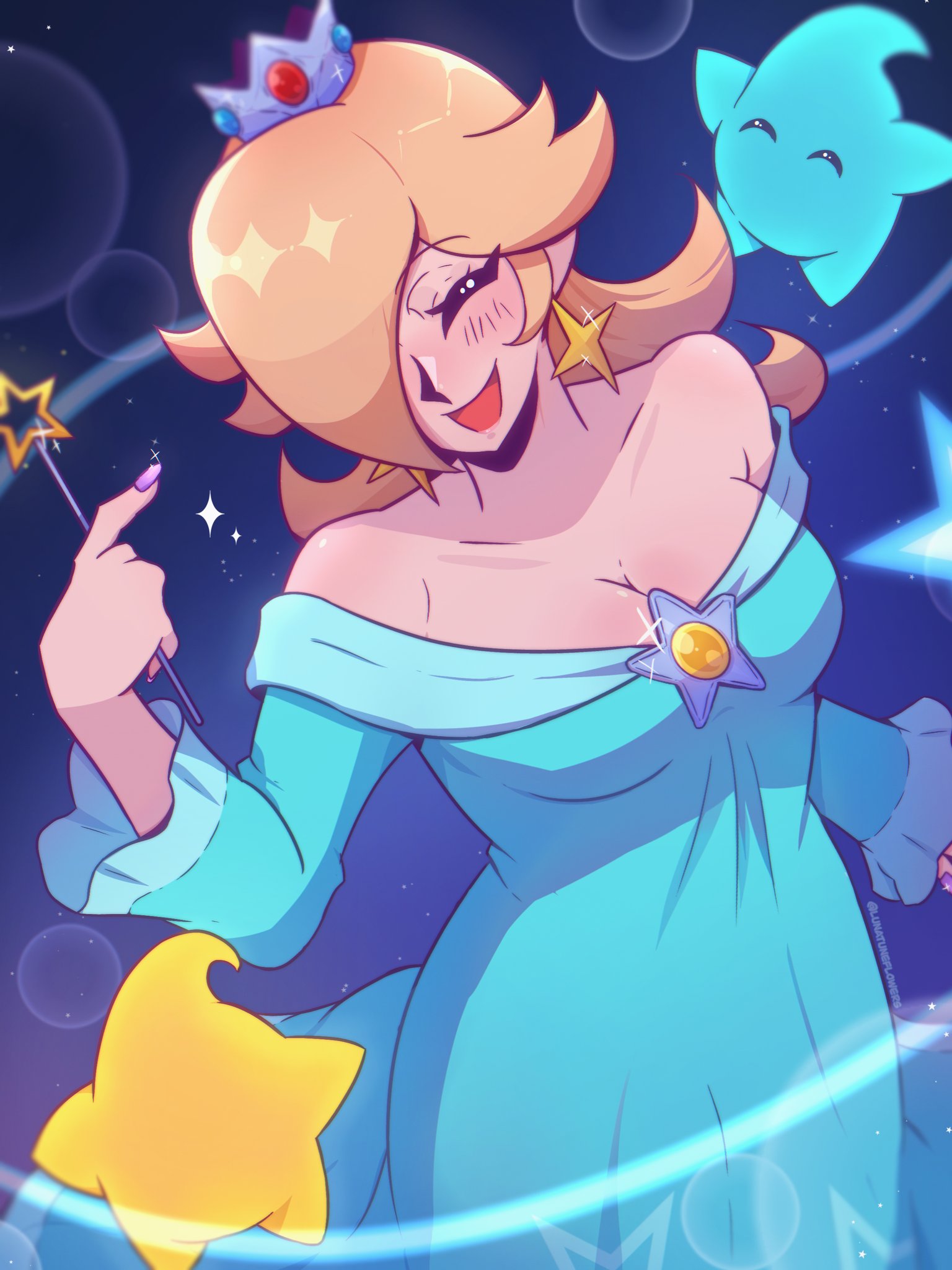 lunatuneflowers, luma (mario), rosalina, mario (series), nintendo, super mario galaxy, commentary, english commentary, highres, 1girl, blonde hair, blue dress, blush, breasts, cleavage, closed eyes, crown, dress, earrings, hair over one eye, happy, holding, holding wand, jewelry, large breasts, long hair, magic, one eye covered, open mouth, smile, star (sky), star (symbol), star earrings, wand
