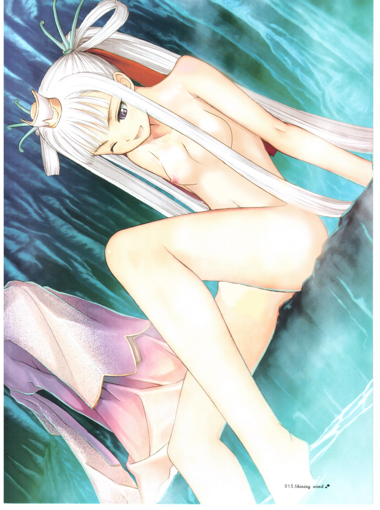 tony taka, houmei, sega, shining (series), shining wind, highres, nude filter, third-party edit, 1girl, breasts, female focus, hat, large breasts, nipples, nude, ponytail, purple eyes, smile, solo, water, white hair