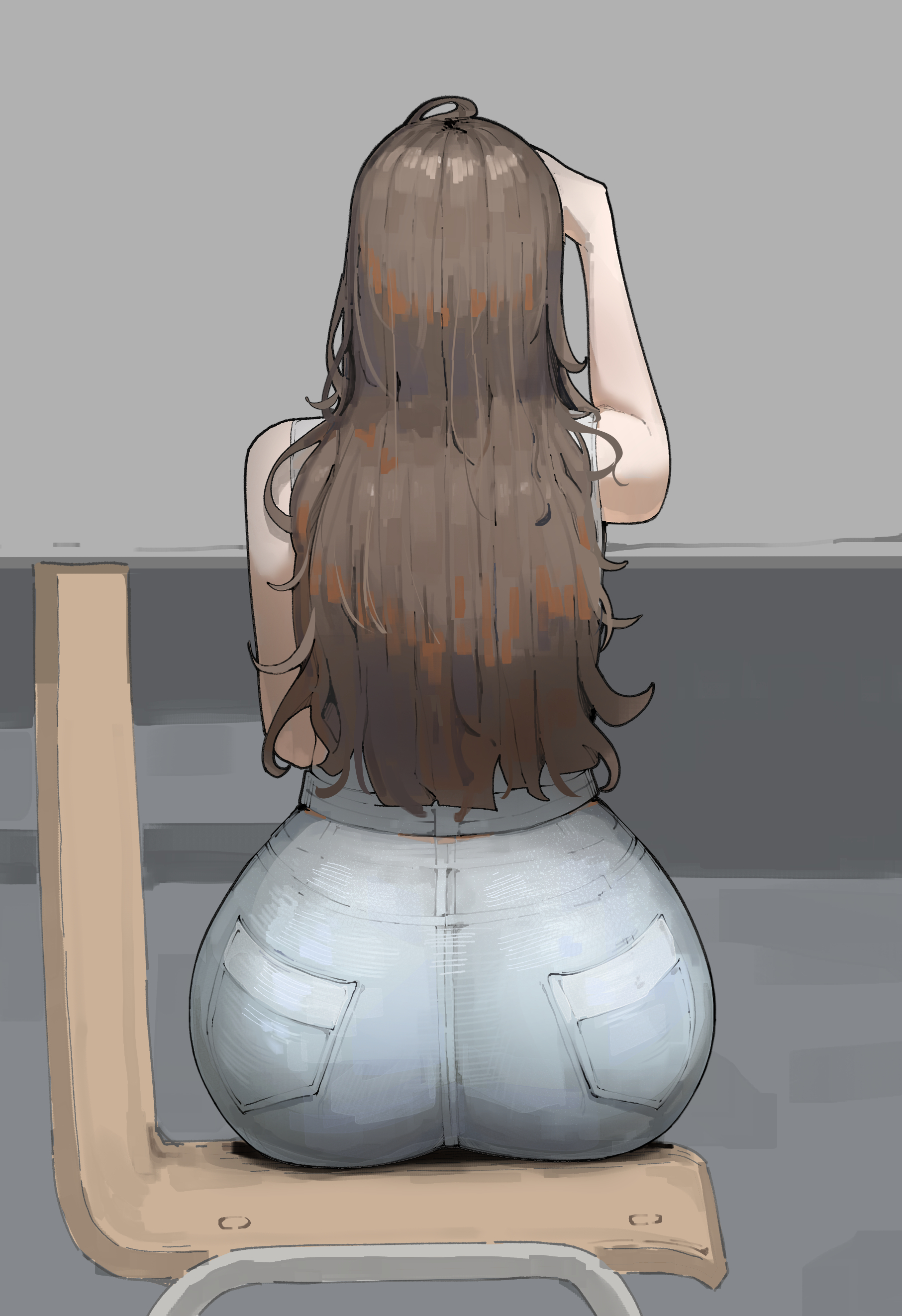 azz0422, original, absurdres, highres, ass, ass focus, brown hair, denim, from behind, hand up, high-waist pants, jeans, long hair, pants, sitting, sleeveless