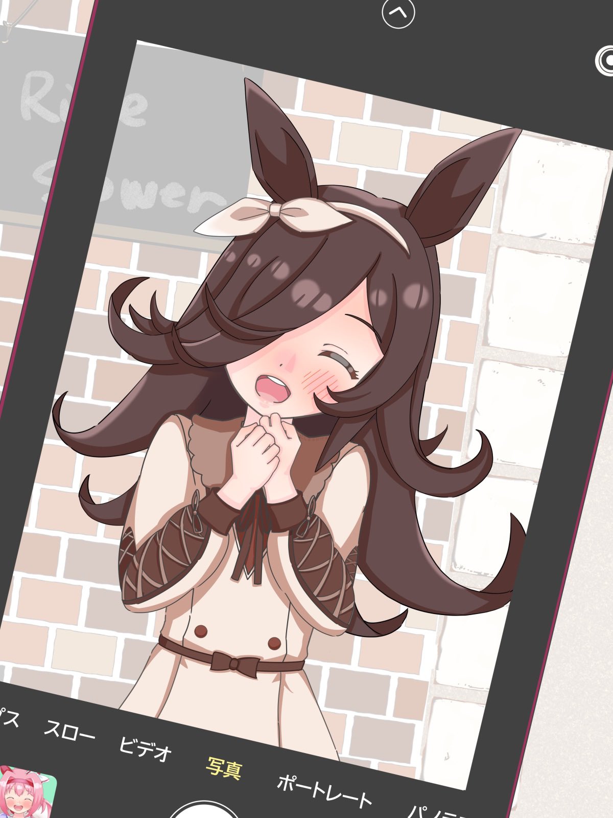 nishimarukakeru, haru urara (umamusume), rice shower (umamusume), umamusume, commentary request, highres, 1girl, :d, animal ears, blush, bow, bow hairband, brick wall, brown dress, brown hair, brown hairband, buttons, cellphone, character name, closed eyes, double-breasted, dress, ear ribbon, facing viewer, flipped hair, hair over one eye, hairband, hands up, horse ears, horse girl, long hair, long sleeves, open mouth, outdoors, own hands together, phone, smile, solo focus, teeth, upper body, upper teeth only