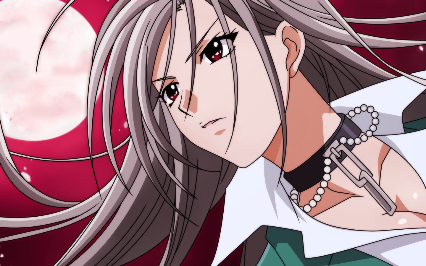 akashiya moka, inner moka, rosario+vampire, artist request, derivative work, vector trace, 00s, 1girl, collar, female focus, long hair, moon, red eyes, solo, vampire, white hair