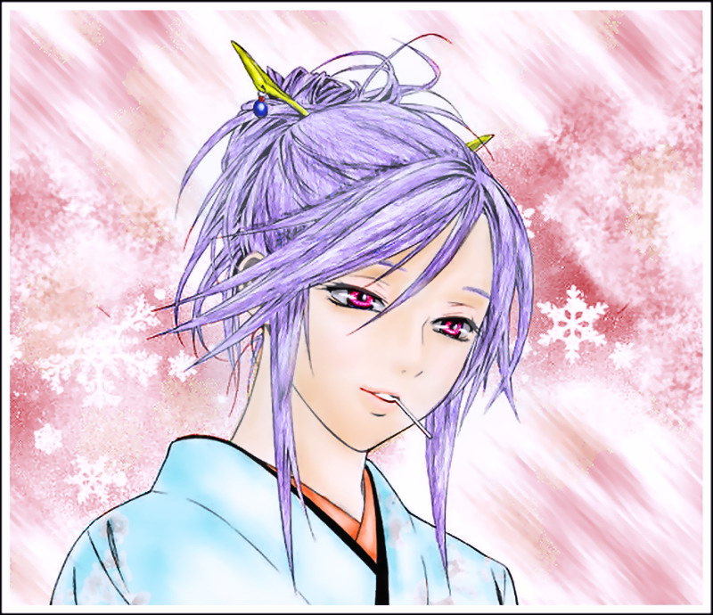 shirayuki tsurara, rosario+vampire, 00s, candy, food, japanese clothes, kimono, lollipop, purple eyes, purple hair, snowflakes, solo