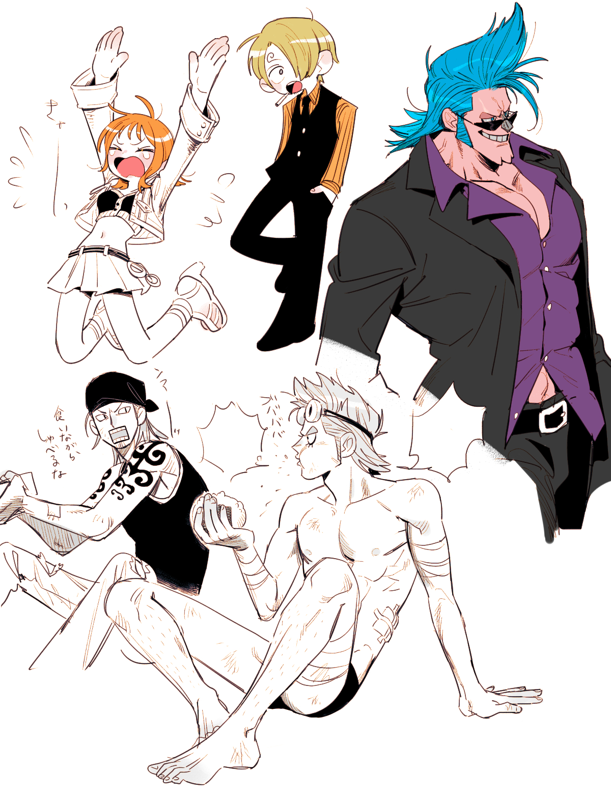 chanko neru, franky (one piece), iceburg, nami (one piece), sanji (one piece), one piece, commentary request, highres, 1girl, 3boys, aged down, arms up, bandaged arm, bandages, belt, belt buckle, black jacket, black pants, black vest, blonde hair, blue hair, buckle, closed eyes, collarbone, collared shirt, crop top, eating, flying sweatdrops, food, goggles, goggles on head, grin, jacket, looking at another, midriff, miniskirt, multiple boys, navel, no pants, onigiri, open clothes, open jacket, open mouth, orange hair, orange shirt, pants, purple shirt, sandals, shirt, short hair, shoulder tattoo, simple background, sitting, skirt, smile, sunglasses, tattoo, tears, topless male, vest, white background