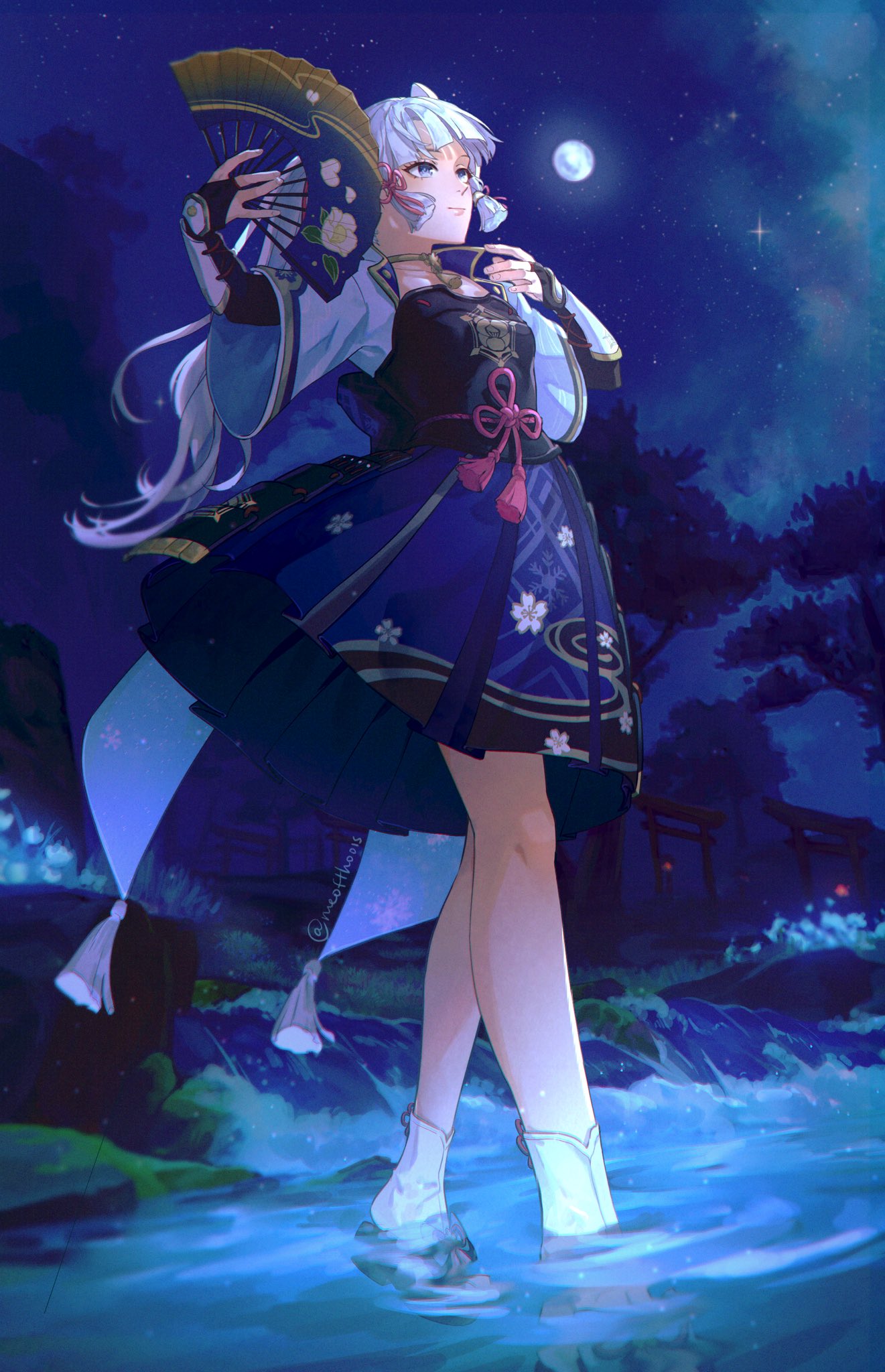meofthoois, ayaka (genshin impact), genshin impact, hashtag-only commentary, highres, 1girl, blue eyes, blue hair, blue sky, blunt bangs, closed mouth, from below, hand fan, holding, holding fan, kamisato clan (emblem), long hair, long sleeves, moon, neck tassel, night, ponytail, sidelocks, sky, solo, standing, star (sky), tassel, torii, twitter username, wading, water