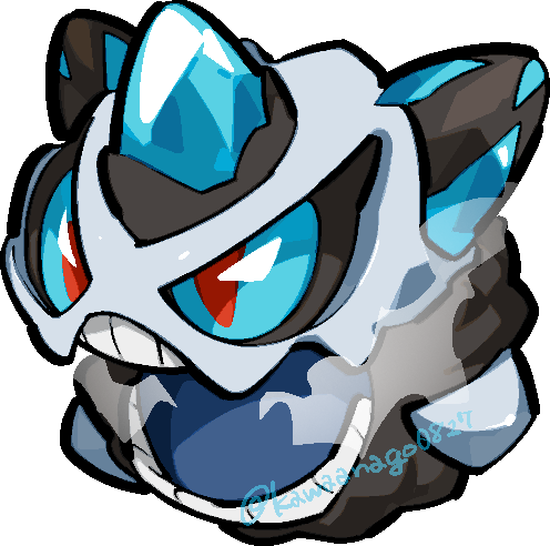 kawaanago, glalie, mega glalie, nintendo, pokemon, commentary request, lowres, blue sclera, chibi, chibi only, colored sclera, full body, gen 3 pokemon, mega pokemon, no humans, open mouth, pokemon (creature), pokemon focus, red eyes, solo, teeth, transparent background, twitter username
