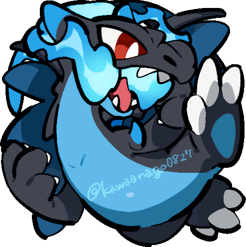 kawaanago, charizard, mega charizard x, nintendo, pokemon, commentary request, lowres, blue fire, bright pupils, chibi, chibi only, fangs, fire, full body, gen 1 pokemon, mega pokemon, no humans, open mouth, pokemon (creature), pokemon focus, red eyes, solo, transparent background, twitter username, white pupils