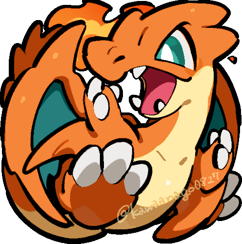 kawaanago, charizard, mega charizard y, nintendo, pokemon, commentary request, lowres, aqua eyes, bright pupils, chibi, chibi only, fangs, fire, flame-tipped tail, full body, gen 1 pokemon, mega pokemon, no humans, open mouth, pokemon (creature), pokemon focus, solo, tail, transparent background, twitter username, white pupils