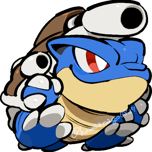 kawaanago, blastoise, mega blastoise, nintendo, pokemon, commentary request, lowres, bright pupils, cannon, chibi, chibi only, closed mouth, full body, gen 1 pokemon, mega pokemon, no humans, pokemon (creature), pokemon focus, red eyes, smile, solo, transparent background, twitter username, white pupils