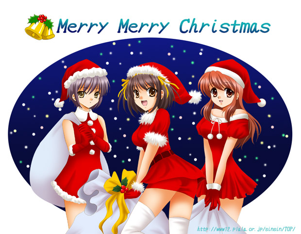 sinko (sinsin), asahina mikuru, nagato yuki, suzumiya haruhi, suzumiya haruhi no yuuutsu, 00s, christmas, santa costume