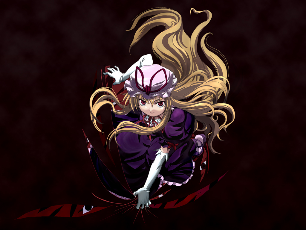 yakumo yukari, touhou, 1girl, blonde hair, elbow gloves, female focus, gloves, gradient background, hat, long hair, red eyes, solo