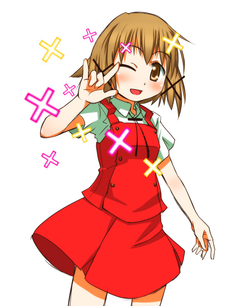 yn1982, yuno (hidamari sketch), hidamari sketch, 00s, 1girl, female focus, m/, school uniform, seikan hikou, solo, yamabuki high school uniform