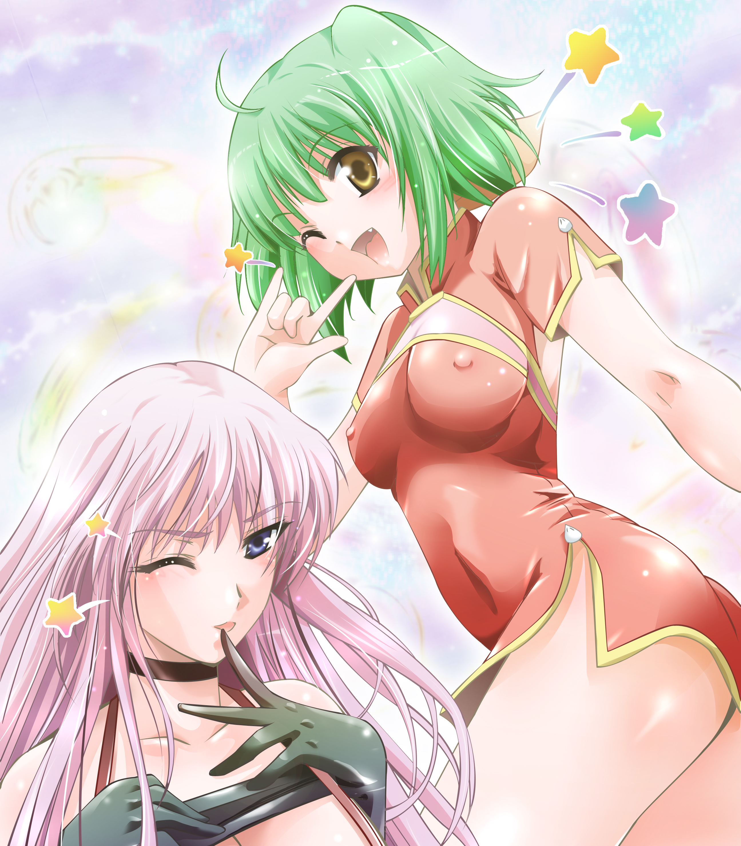 arino hiroshi, ranka lee, sheryl nome, macross, macross frontier, absurdres, highres, 00s, 2girls, m/, breasts, covered erect nipples, multiple girls, nipples, one eye closed, seikan hikou, small breasts, wink