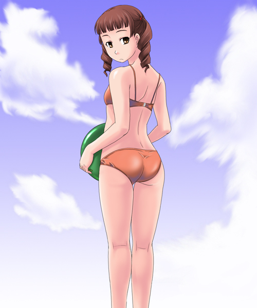 toshifumi, matsudaira touko, maria-sama ga miteru, 00s, 1girl, ass, ball, bare shoulders, beachball, bikini, blue sky, blush, brown eyes, brown hair, cloud, day, female focus, looking at viewer, orange bikini, short hair, sky, solo, swimsuit, twintails