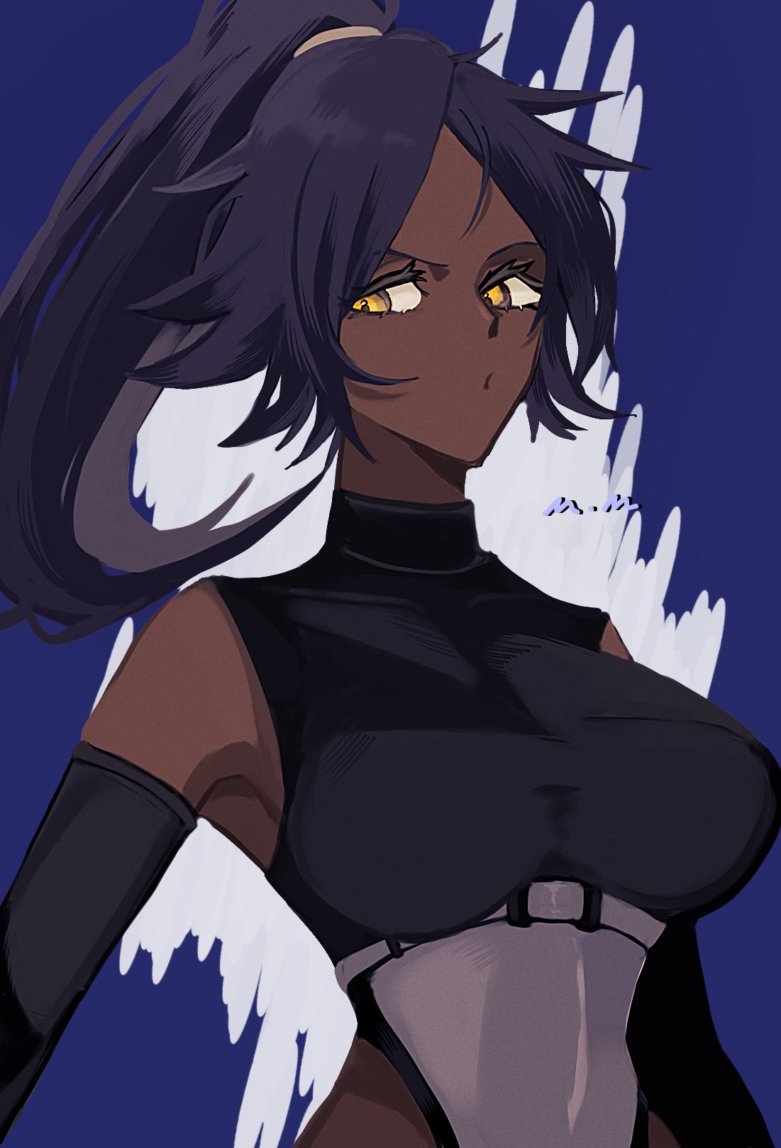 mmsb 551, shihouin yoruichi, bleach, highres, 1girl, artist name, breasts, dark-skinned female, dark skin, elbow gloves, female focus, gloves, hair ornament, large breasts, long hair, parted bangs, ponytail, purple hair, simple background, upper body, yellow eyes
