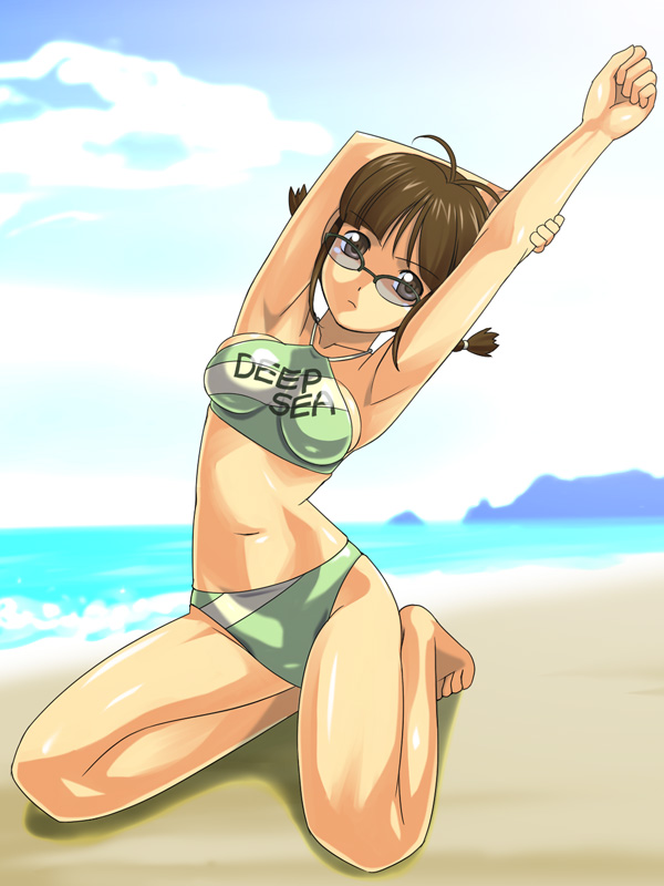 muhi11234, akizuki ritsuko, idolmaster, idolmaster (classic), idolmaster 1, 00s, 1girl, armpits, barefoot, beach, bikini, braid, breasts, brown hair, day, female focus, full body, glasses, green bikini, kneeling, navel, outdoors, sky, solo, stretching, swimsuit, twin braids