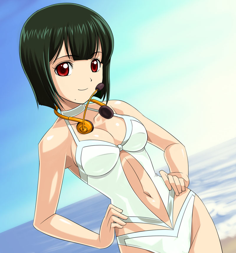 muhi11234, otonashi kotori, idolmaster, idolmaster (classic), idolmaster 1, 00s, 1girl, beach, breasts, casual one-piece swimsuit, day, female focus, green hair, hands on own hips, headset, medium breasts, mole, mole under mouth, navel, ocean, one-piece swimsuit, outdoors, red eyes, short hair, sky, solo, swimsuit