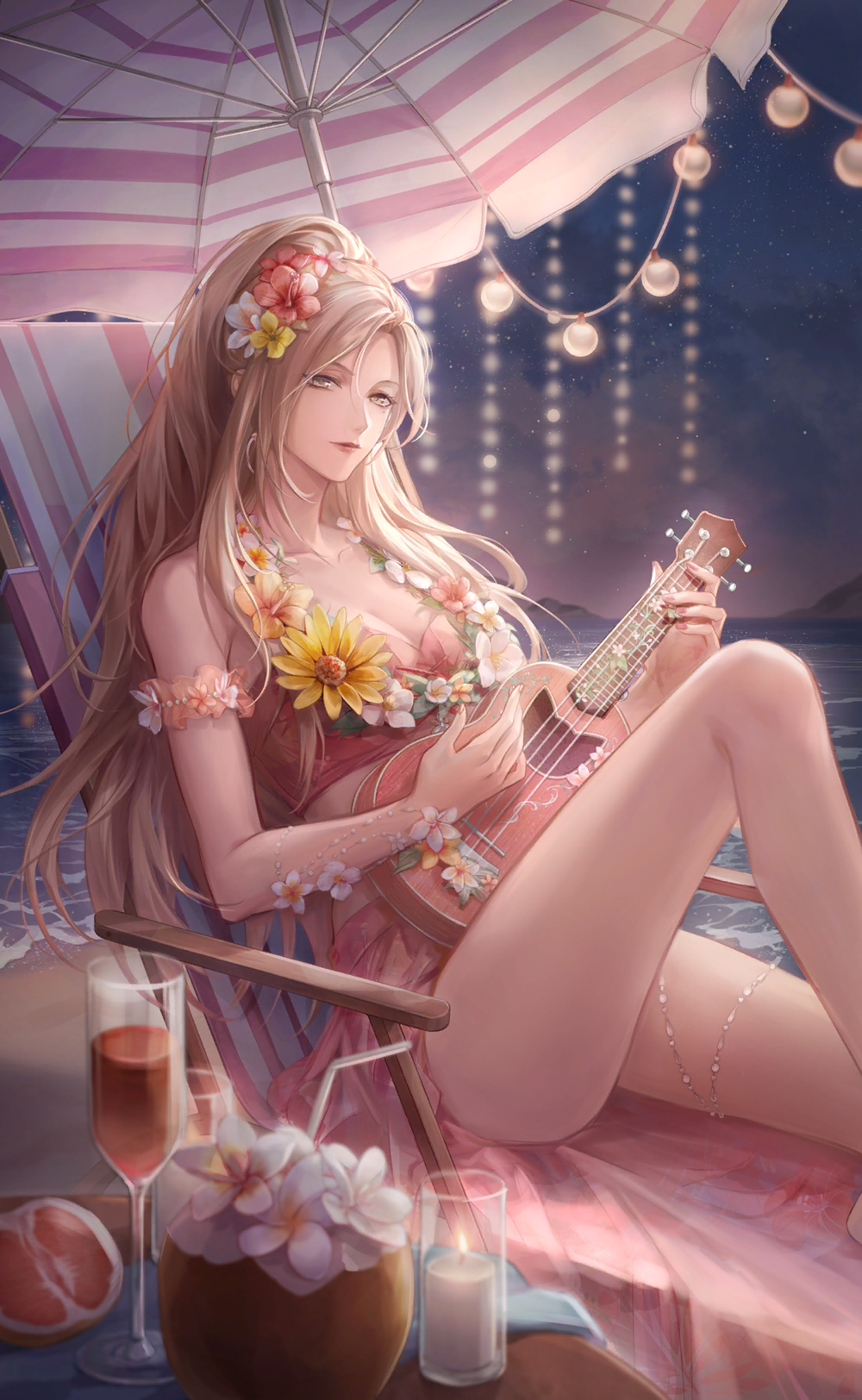 nikki (series), shining nikki, artist request, game cg, highres, official art, 1girl, alcohol, beach, beach umbrella, beads, bikini, blue sky, breasts, brown eyes, brown hair, candle, champagne flute, cleavage, closed mouth, cloud, coconut cup, cup, drinking glass, drinking straw, earrings, expressionless, feet out of frame, fire, flower, flower necklace, food, frilled armlet, fruit, hair flower, hair ornament, hibiscus, high ponytail, hoop earrings, instrument, island, jewelry, knee up, large breasts, lipstick, long hair, makeup, music, necklace, ocean, official alternate color, outdoors, playing instrument, pleasant breeze (shining nikki), pomegranate, ponytail, red bikini, red lips, red sarong, sarong, sidelocks, sky, solo, star (sky), starry sky, string of light bulbs, swimsuit, table, thigh strap, twilight, ukulele, umbrella, very long hair, wine, zoey (shining nikki)