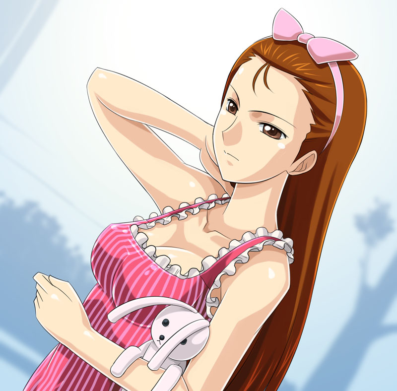 muhi11234, minase iori, idolmaster, idolmaster (classic), idolmaster 1, 00s, 1girl, adjusting hair, aged up, bow, breasts, brown eyes, brown hair, female focus, hairband, large breasts, long hair, pink bow, rabbit, sleeveless, solo, stuffed animal, stuffed rabbit, stuffed toy