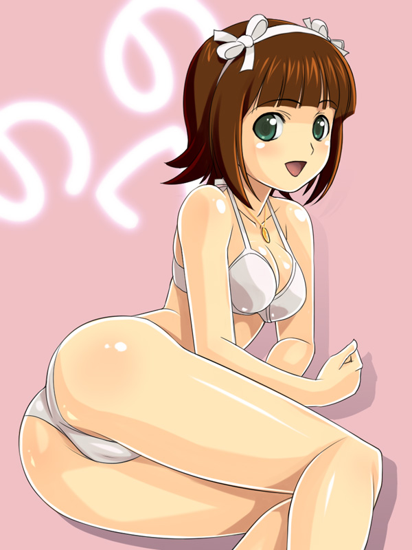 muhi11234, amami haruka, nonowa, idolmaster, idolmaster (classic), 00s, 1girl, ass, bikini, breasts, brown hair, female focus, green eyes, hairband, jewelry, looking back, medium breasts, necklace, ribbon, short hair, solo, swimsuit, white bikini