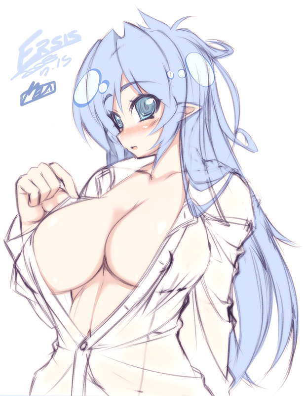 mel/a, ersis, original, 1girl, blue eyes, blue hair, blush, breasts, cleavage, female focus, huge breasts, long hair, matching hair/eyes, open clothes, open shirt, pointy ears, shirt, solo