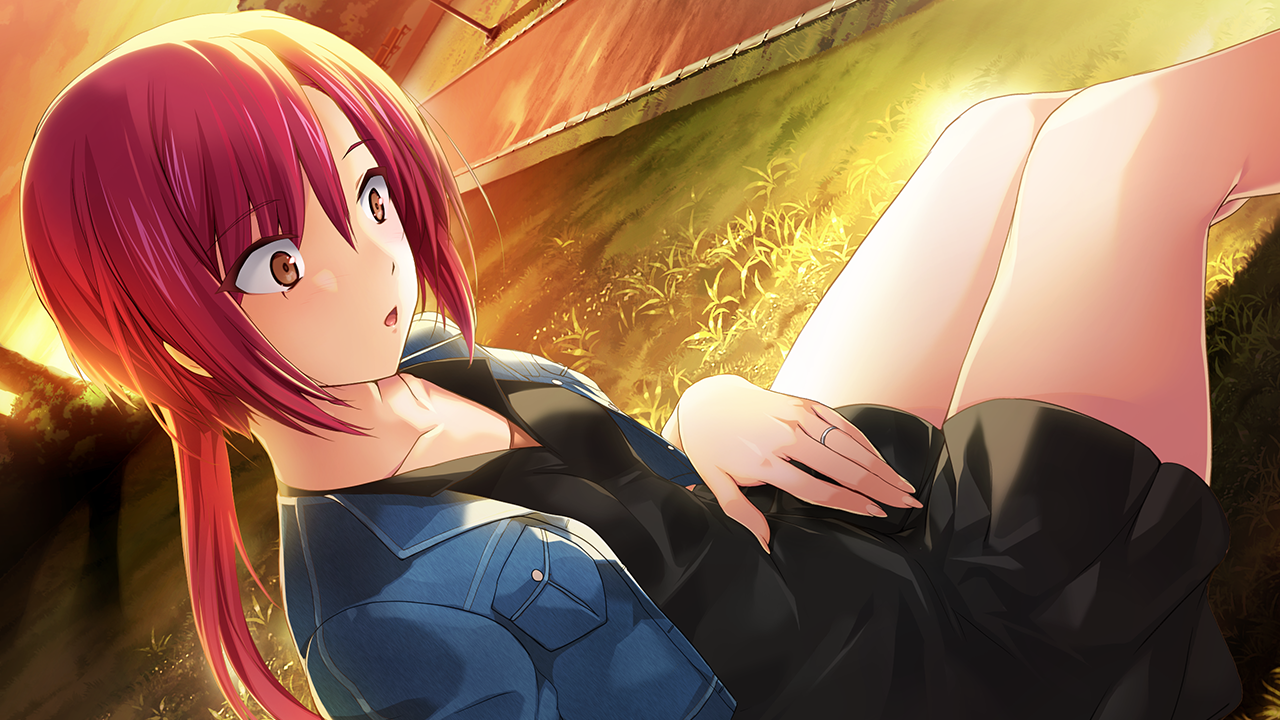 onigirikun, choukou (alicesoft), choukou shinki ixseal, game cg, non-web source, official art, variant set, 1girl, black dress, blue jacket, breast pocket, breasts, brown eyes, casual, collarbone, constricted pupils, denim, denim jacket, dress, dusk, dutch angle, grass, hair between eyes, houshou kirika, jacket, jewelry, long hair, open clothes, open jacket, open mouth, outdoors, pocket, ponytail, red hair, ring, short dress, sitting, solo, straight hair, sunset, surprised, wedding ring, wide-eyed