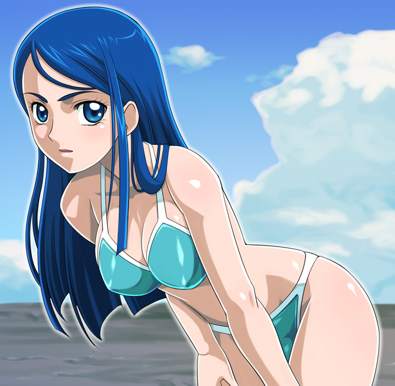 muhi11234, minazuki karen, precure, yes! precure 5, 00s, 1girl, bikini, blue eyes, blue hair, breasts, cloud, day, eyelashes, female focus, large breasts, leaning forward, long hair, matching hair/eyes, sky, solo, swimsuit
