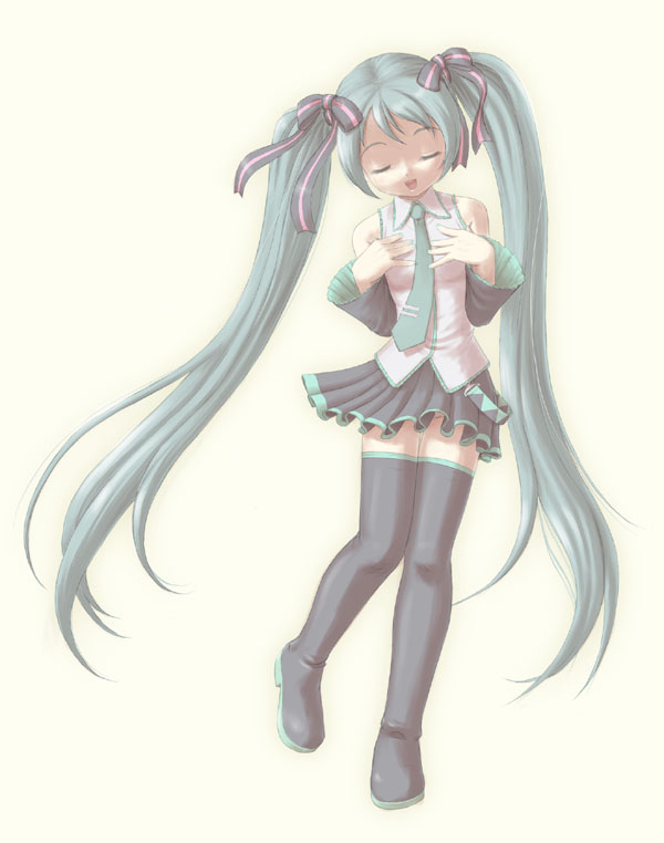 harak, hatsune miku, vocaloid, 1girl, aqua hair, female focus, long hair, solo, thighhighs, twintails, very long hair