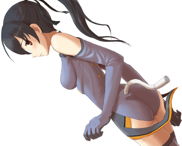 harak, ichijou eika, sky girls, pilot suit, 00s, 1girl, ass, blue gloves, blue thighhighs, blush, breasts, cowboy shot, dutch angle, elbow gloves, female focus, from side, gloves, hair between eyes, hair ribbon, high ponytail, leotard, looking at viewer, mecha pilot suit, motion slit, motionslit, ponytail, profile, red eyes, ribbon, simple background, solo, thighhighs, white background