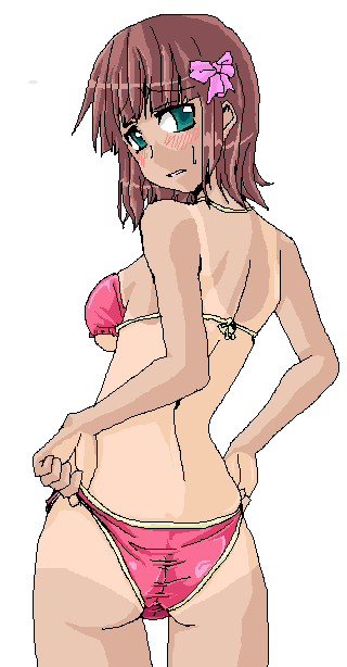 maman, amami haruka, idolmaster, idolmaster (classic), idolmaster 1, 00s, 1girl, adjusting clothes, adjusting swimsuit, ass, back, bikini, blush, brown eyes, female focus, from behind, green eyes, hair ribbon, looking back, one-piece tan, pink bikini, ribbon, short hair, simple background, solo, swimsuit, tan, tanline, wedgie, white background