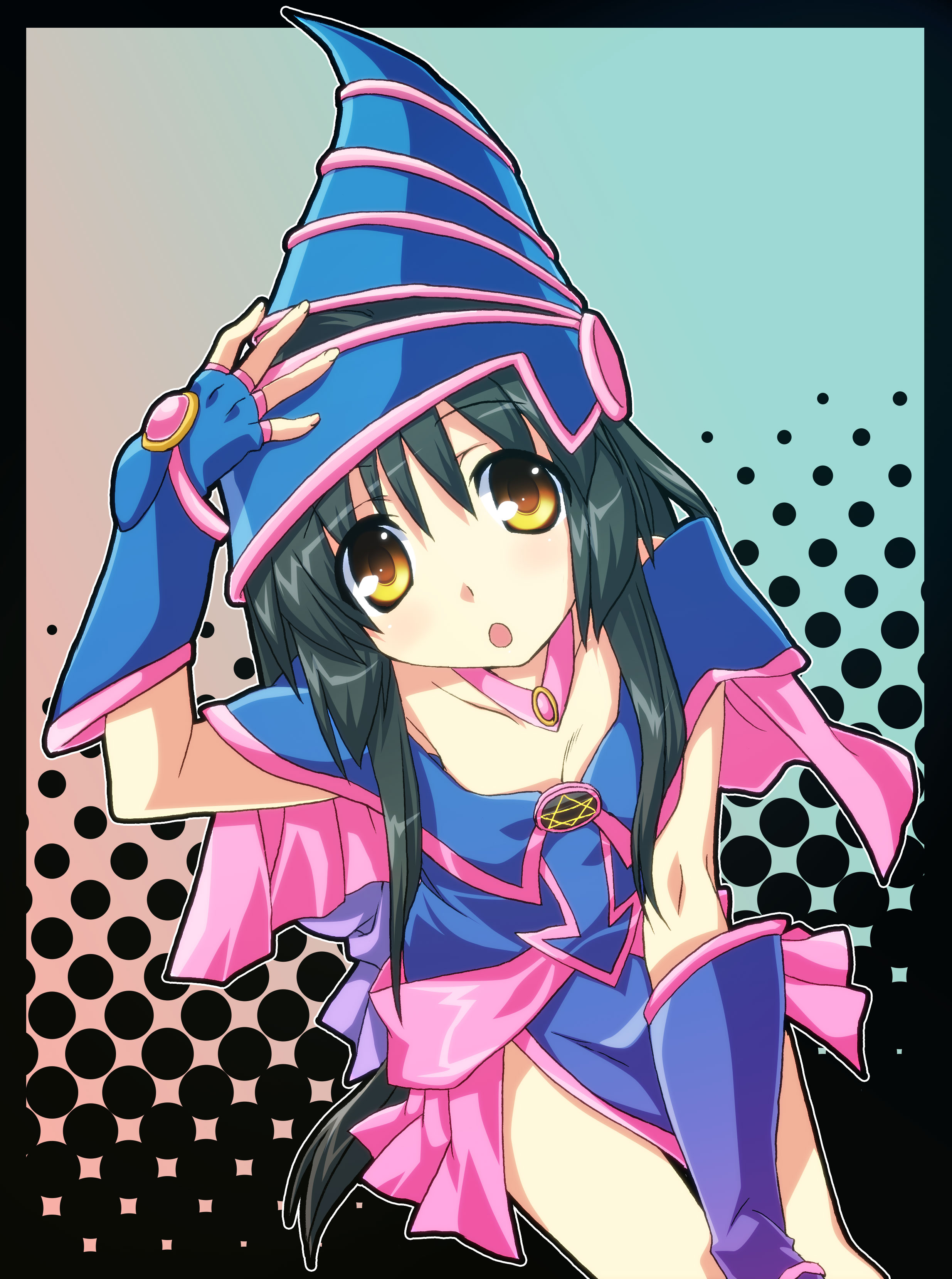 satomi yoshitaka, dark magician girl, ibuki fuuko, clannad, yu-gi-oh!, yu-gi-oh! duel monsters, absurdres, highres, 1girl, :o, blue hat, cosplay, dark magician girl (cosplay), duel monster, female focus, gem, hat, long hair, low-tied long hair, off shoulder, outside border, pentacle, pink gemstone, solo