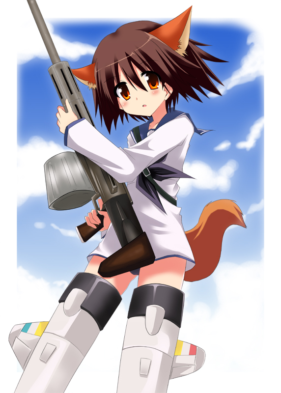akane souichi, miyafuji yoshika, strike witches, world witches series, bad id, bad pixiv id, 00s, 1girl, drum magazine, female focus, gun, high-capacity magazine, machine gun, magazine (weapon), solo, striker unit, swimsuit, swimsuit under clothes, weapon