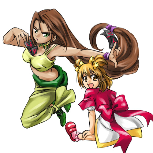 akogi, choco (chocolate shop), choko (arc the lad), sania, sania (arc the lad), arc the lad, arc the lad ii, lowres, 2girls, bow, brown hair, long hair, low-tied long hair, multiple girls, simple background, white background, yellow bow