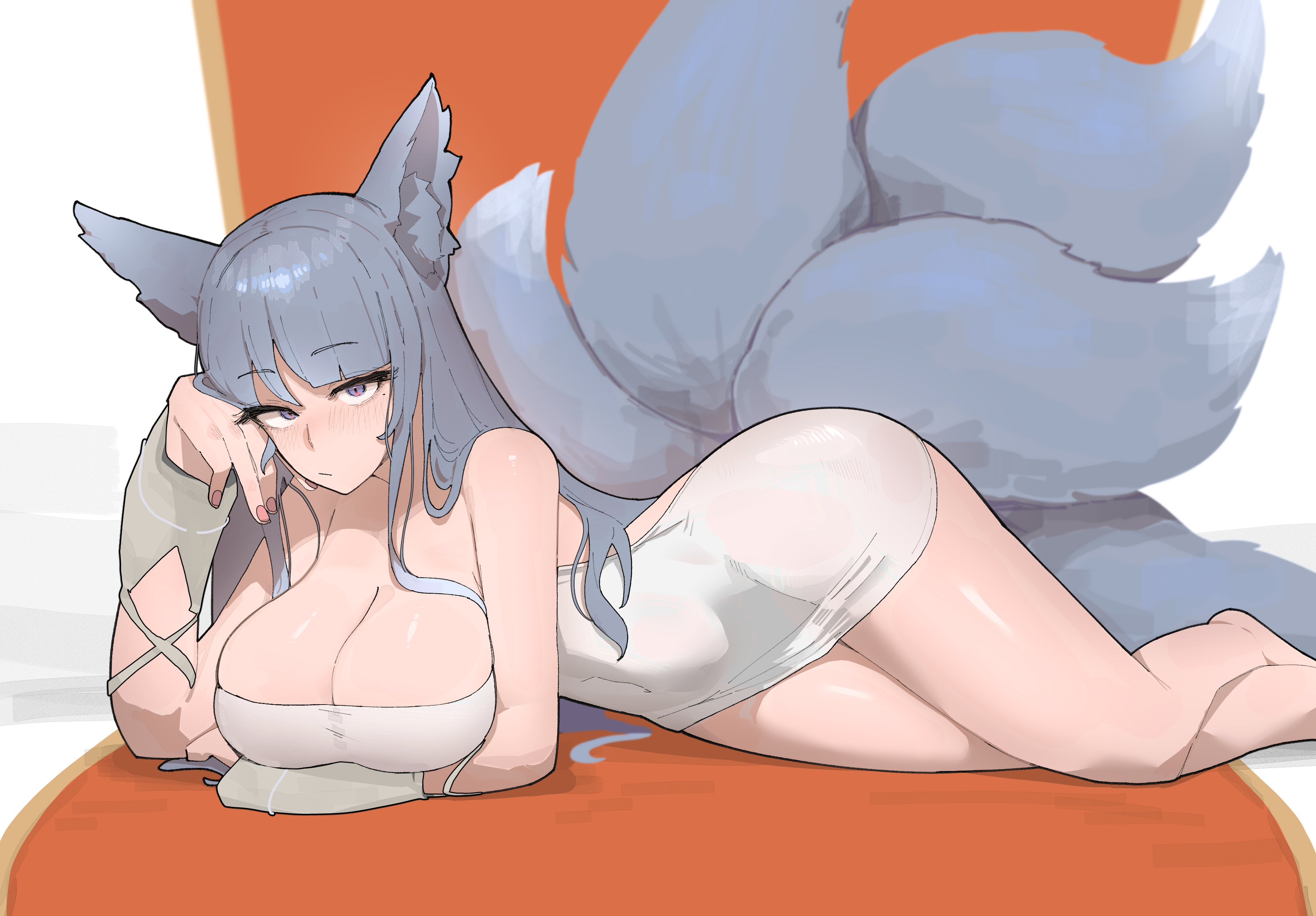 azz0422, original, absurdres, highres, 1girl, :/, animal ear fluff, animal ears, arm support, arm under breasts, bare legs, bare shoulders, barefoot, blunt bangs, blush, breasts, closed mouth, covered navel, crossed legs, dress, eyelashes, fingernails, fox ears, fox tail, grey hair, hair over shoulder, halter dress, halterneck, huge breasts, impossible clothes, long hair, looking at viewer, lying, microdress, multiple tails, nail polish, on side, pink nails, purple eyes, raised eyebrows, sidelocks, strapless, strapless dress, tail, white dress