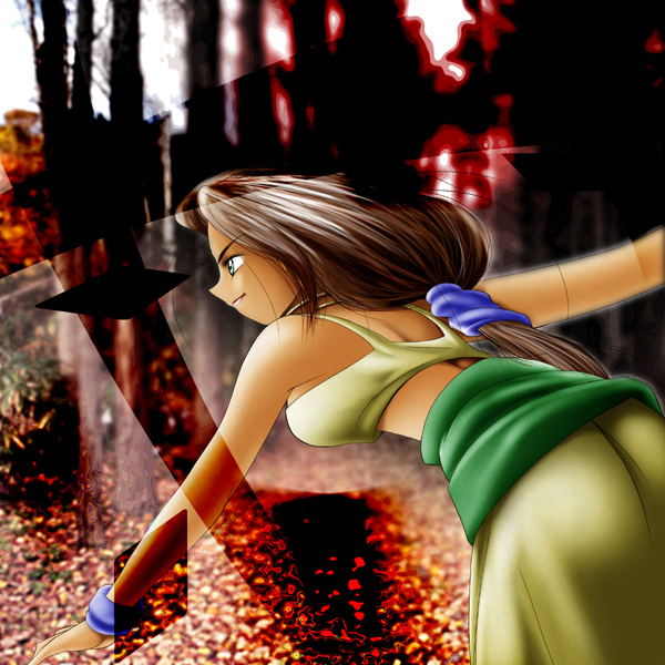 sania, sania (arc the lad), arc the lad, arc the lad ii, 1girl, brown hair, dress, female focus, green eyes, long hair, low-tied long hair, smile, solo, tan