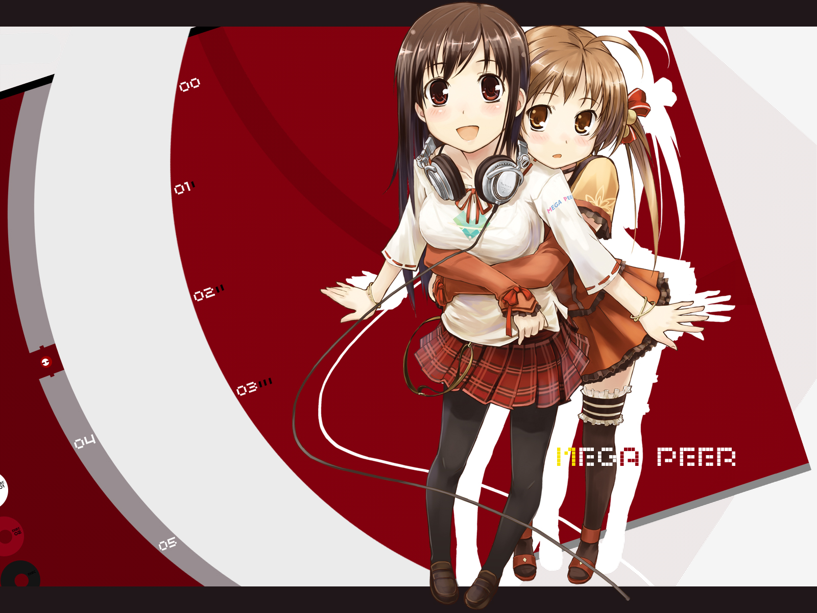 amagai tarou, original, black legwear, frilled legwear, highres, 2girls, ^^^, ahoge, arms around waist, arrow (symbol), black hair, bra, breasts, brown eyes, brown hair, clothes lift, head on another's shoulder, headphones, headphones around neck, hug, hug from behind, large breasts, legs, lingerie, loafers, long hair, looking at viewer, multiple girls, open mouth, outstretched arms, pantyhose, pigeon-toed, plaid clothes, plaid skirt, red eyes, school uniform, shirt lift, shoes, skirt, smile, spread arms, standing, surprised, thighhighs, twintails, underwear