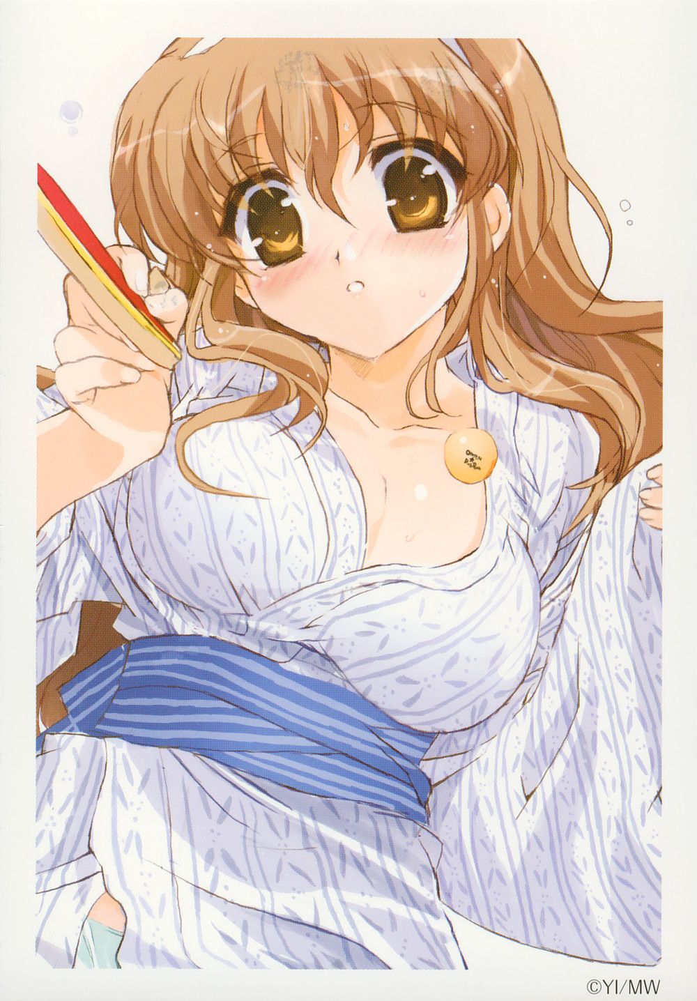 shaa, nogizaka haruka, nogizaka haruka no himitsu, striped, highres, 00s, blush, breasts, brown eyes, brown hair, hairband, japanese clothes, kimono, large breasts, long hair, panties, solo, sweat, underwear, white panties, yukata