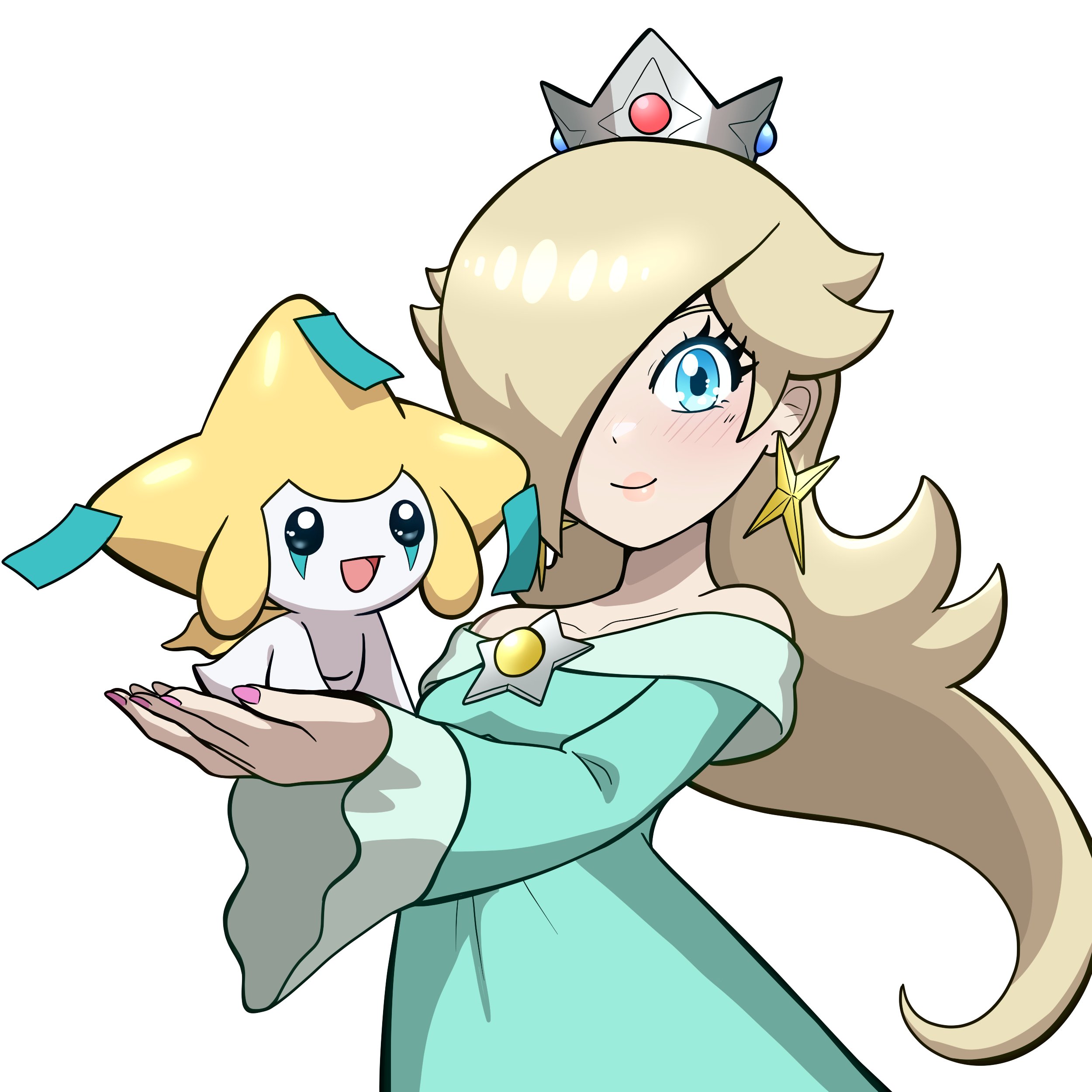 muis0802, jirachi, rosalina, mario (series), nintendo, pokemon, absurdres, commentary, english commentary, highres, 1girl, bare shoulders, black eyes, blonde hair, blue dress, blue eyes, blush, breasts, brooch, collarbone, crown, dress, earrings, gen 3 pokemon, grey crown, hair over one eye, jewelry, legendary pokemon, long hair, long sleeves, looking at viewer, mythical pokemon, off-shoulder dress, off shoulder, open mouth, pokemon (creature), silver crown, simple background, smile, star (symbol), star brooch, star earrings