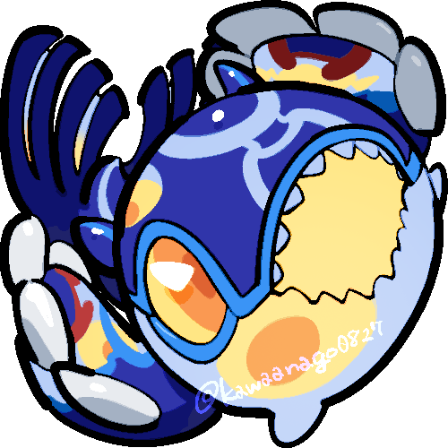 kawaanago, kyogre, primal kyogre, nintendo, pokemon, commentary request, lowres, animal focus, chibi, chibi only, colored sclera, full body, gen 3 pokemon, legendary pokemon, no humans, open mouth, orange eyes, pokemon (creature), pokemon focus, sharp teeth, solo, teeth, transparent background, twitter username, yellow sclera
