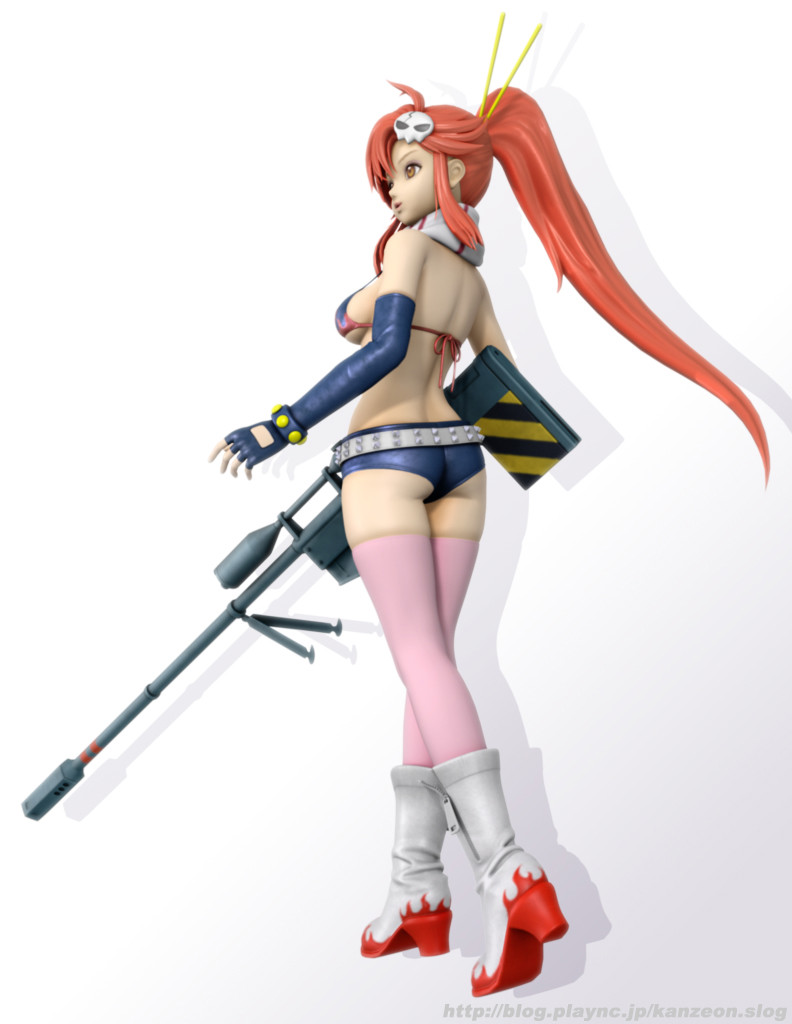kanzeon, yoko littner, tengen toppa gurren lagann, 00s, 1girl, 3d, ass, belt, bikini, bikini top only, boots, elbow gloves, female focus, fingerless gloves, gloves, gun, long hair, micro shorts, ponytail, red hair, rifle, scarf, shorts, sniper rifle, solo, swimsuit, thighhighs, weapon, yellow eyes