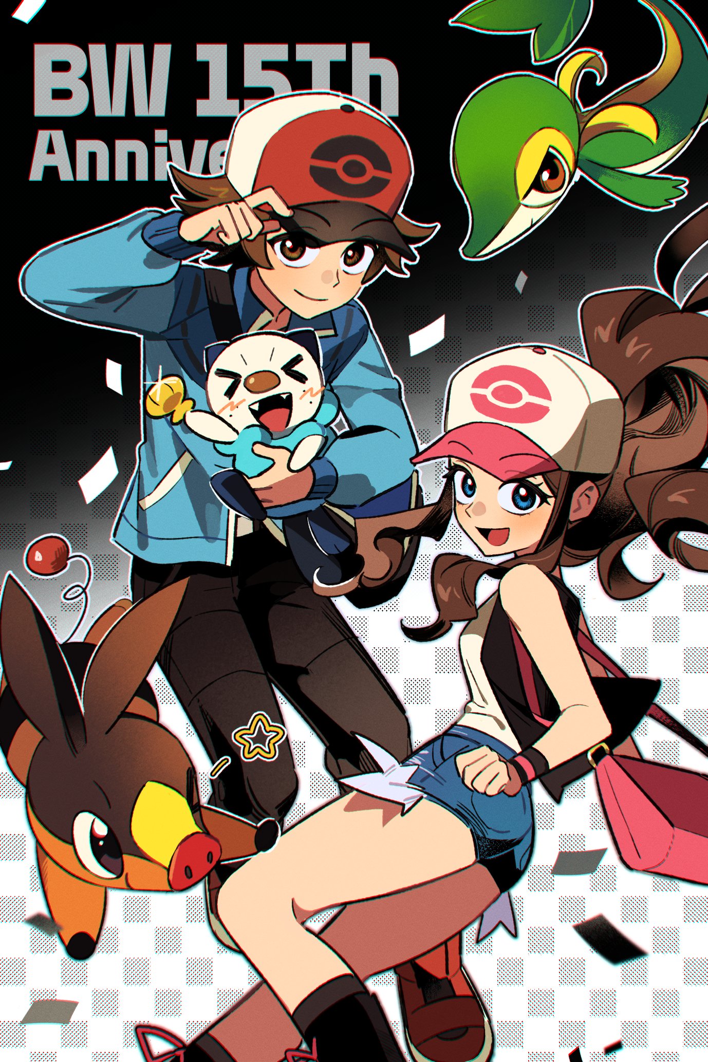 1brad, hilbert (pokemon), hilda (pokemon), oshawott, snivy, tepig, nintendo, pokemon, pokemon bw, highres, 1boy, 1girl, anniversary, backwards hat, baseball cap, black vest, blue jacket, cutoffs, denim, denim shorts, exposed pocket, gen 5 pokemon, hat, high ponytail, jacket, open clothes, open vest, poke ball print, pokemon (creature), ponytail, shorts, starter pokemon trio, vest, wristband, zipper pull tab