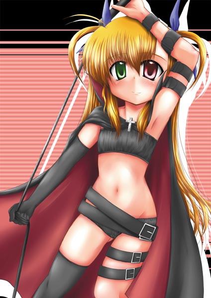 misana, vivio, lyrical nanoha, mahou shoujo lyrical nanoha, mahou shoujo lyrical nanoha strikers, 00s, 1girl, belt, buckle, contrapposto, cowboy shot, female focus, green eyes, heterochromia, long hair, midriff, navel, red eyes, single thighhigh, solo, standing, stomach, thighhighs, very long hair, whip